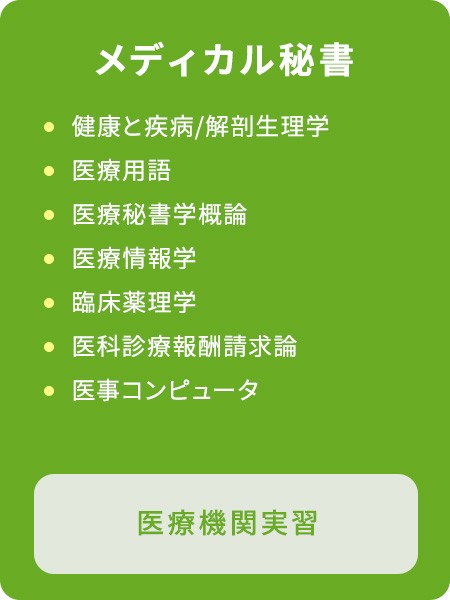 メディカル秘書のカリキュラム　健康と疾病/解剖生理学/医療用語/医療秘書学概論/医療情報学/臨床薬理学/医科診療報酬請求論/医事コンピュータ/医療機関実習