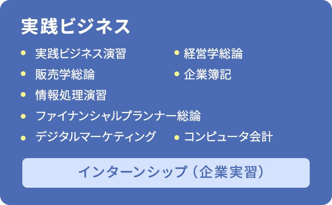 実践ビジネスのカリキュラム　実践ビジネス演習/経営学総論/販売学総論/企業簿記/情報処理演習/ファイナンシャルプランナー総論 /デジタルマーケティング/コンピュータ会計/インターンシップ （企業実習）