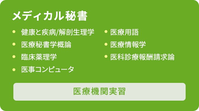メディカル秘書のカリキュラム　健康と疾病/解剖生理学/医療用語/医療秘書学概論/医療情報学/臨床薬理学/医科診療報酬請求論/医事コンピュータ/医療機関実習